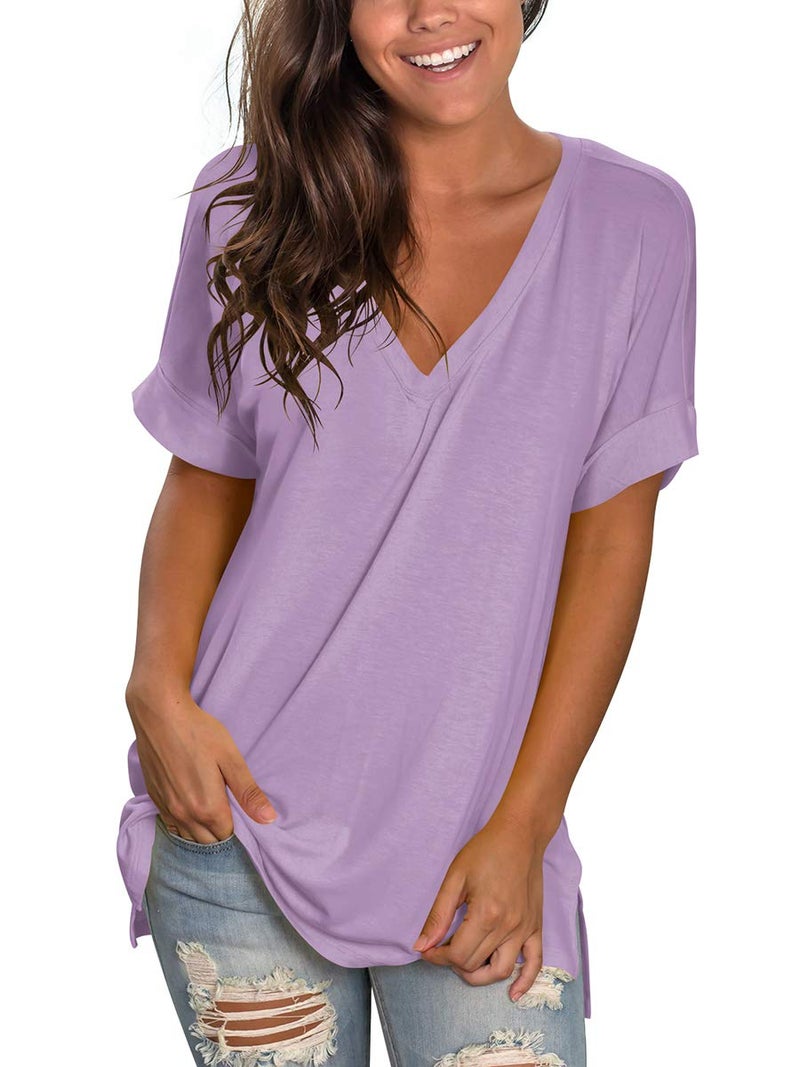 SAMPEEL Womens Short Sleeve Plain T Shirts Summer Cute Tops Plus Size Violet XXL - Image 2